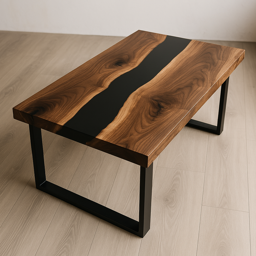 Custom Walnut Epoxy Coffee Table - Black Resin River Table with Metal Legs,