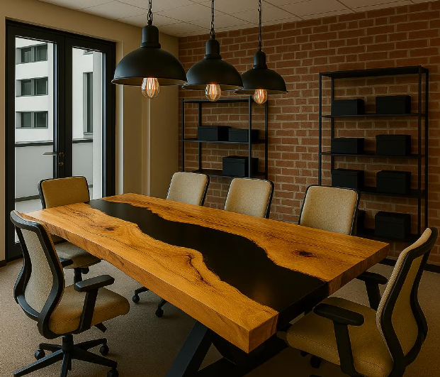 Custom Walnut Epoxy Desk - Modern Executive Desk with Black Resin River &