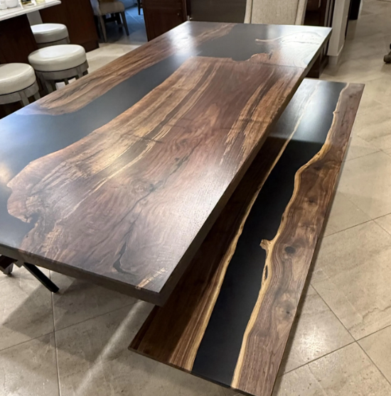 Custom Walnut Epoxy Dining Table - Black Resin River Table with Metal Legs,