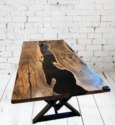 Custom Walnut Epoxy Dining Table - Black Resin River Table with Metal Legs,