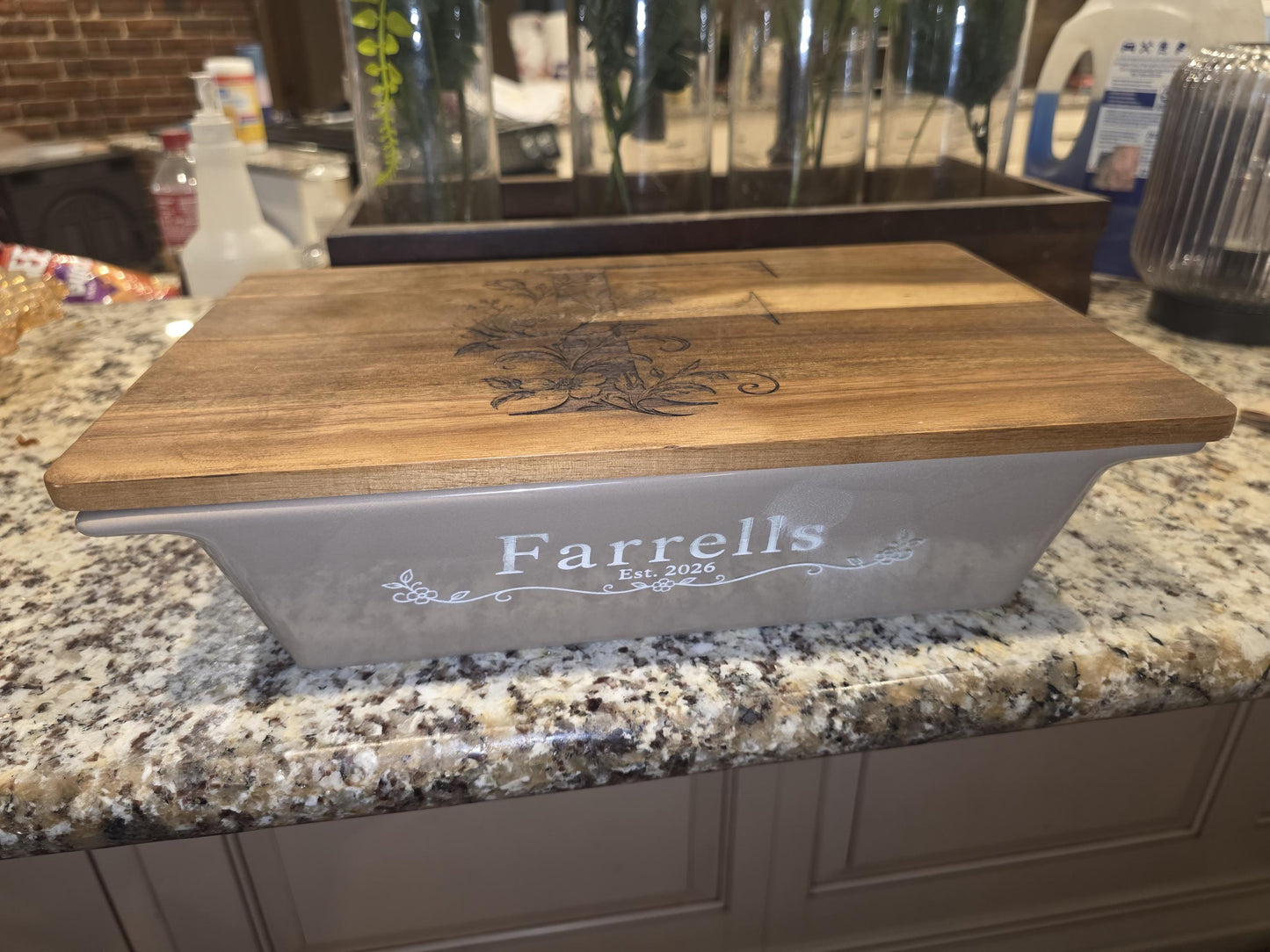 Personalized Taupe Porcelain Casserole Dish with Acacia Lid Trivet
