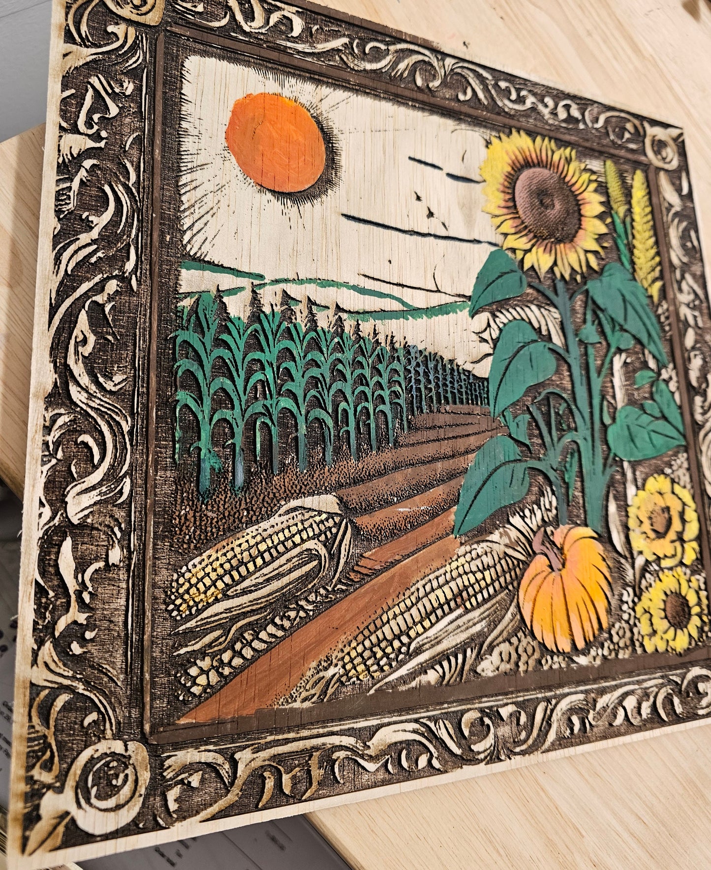 Hand Painted Art Piece, Digitally Created Art that is Laser Engraved into Wood - Corn Fields & Sunflowers Visions of Kansas