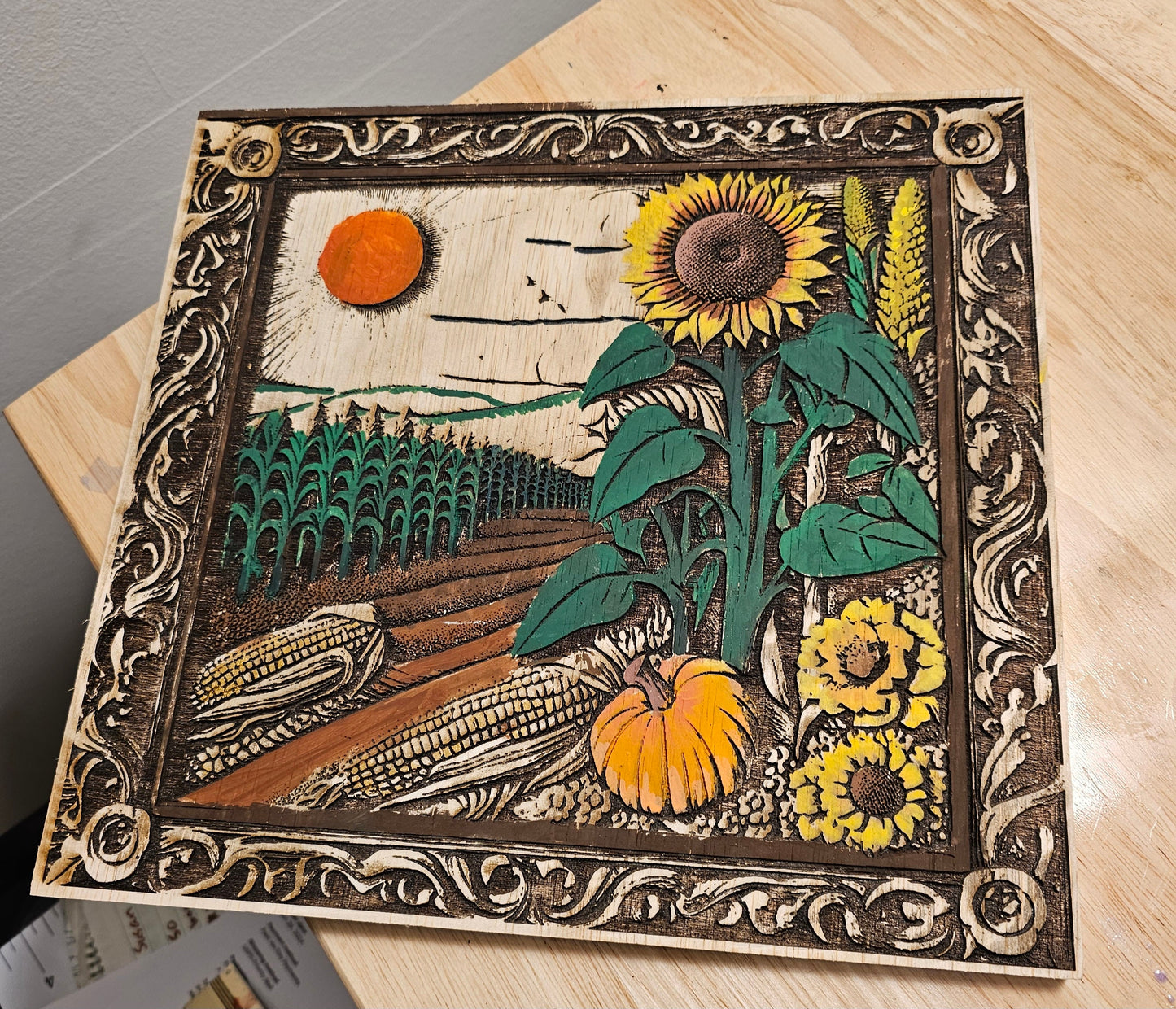 Hand Painted Art Piece, Digitally Created Art that is Laser Engraved into Wood - Corn Fields & Sunflowers Visions of Kansas