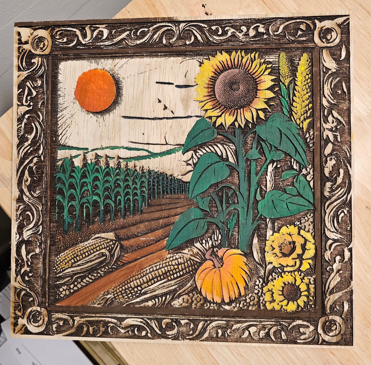 Hand Painted Art Piece, Digitally Created Art that is Laser Engraved into Wood - Corn Fields & Sunflowers Visions of Kansas