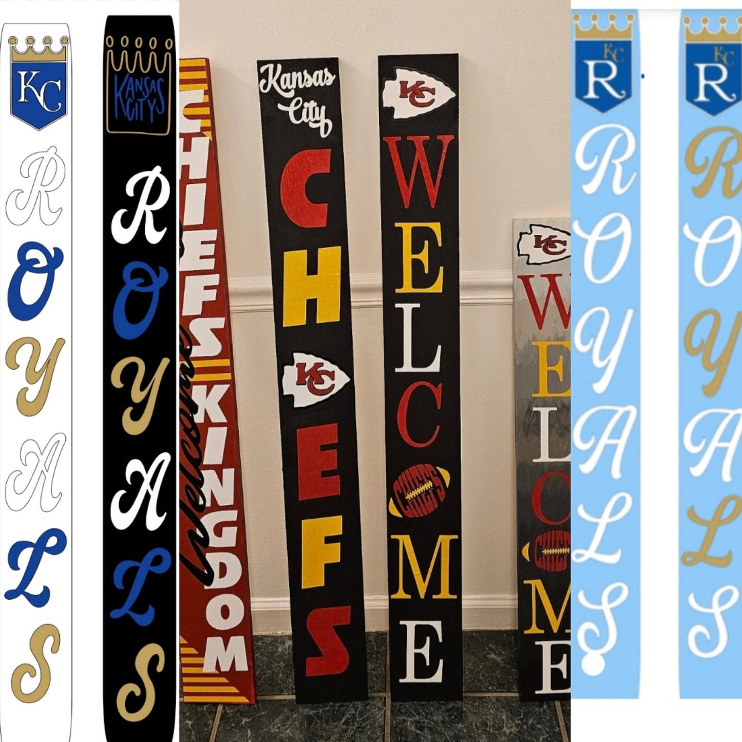 Two sided KC Chiefs and Kansas City Royals Porch Welcome Sign Leaner 6 Design Options for Chiefs and 3 for Royals