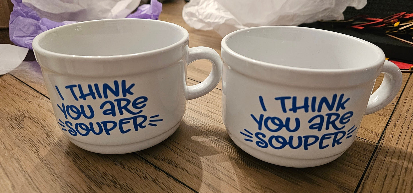 Soup Mug with Handles, I Think You're Souper, Ceramic Soup Bowl, 22 oz Bowl with Handles