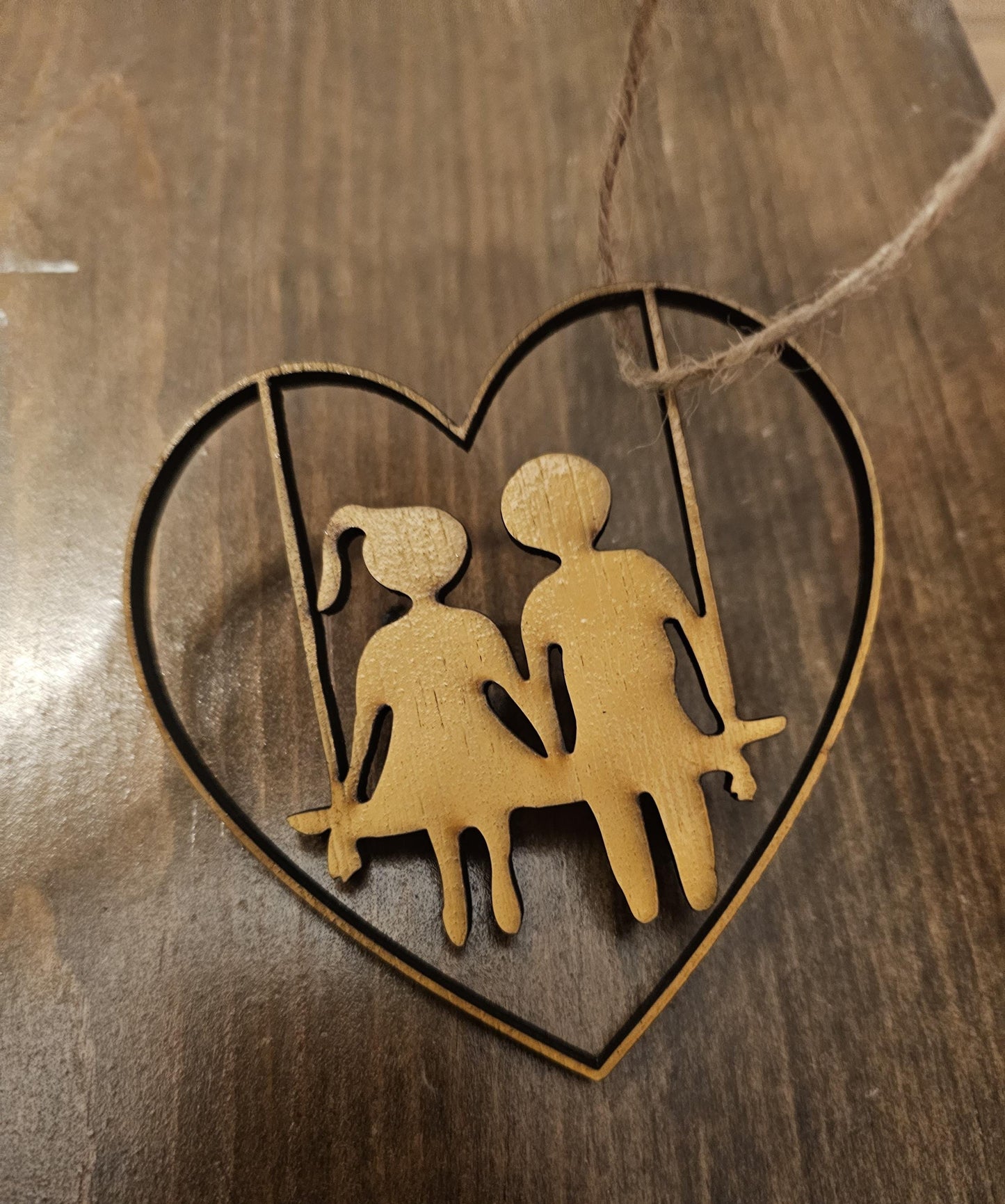 Personalized Wooden Heart Ornament Couple on Swing - Anniversary Gift for