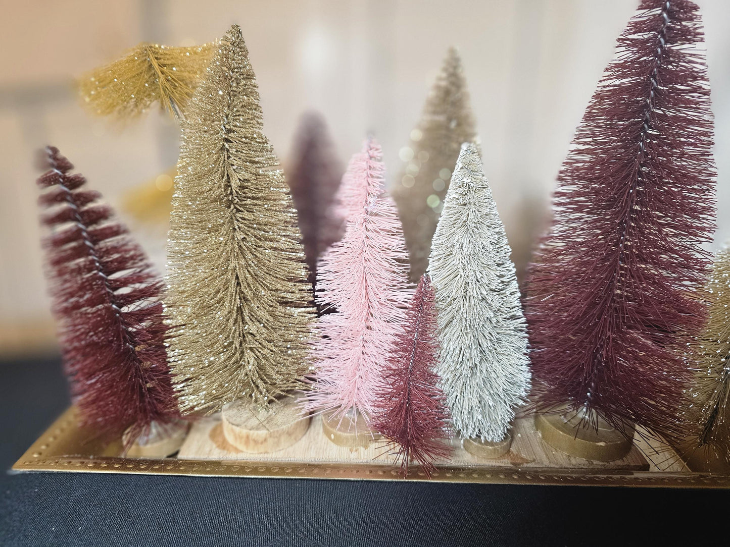DIY Bottle Brush Tree Centerpiece Kit in Gold, Pink & Burgundy Holiday Table