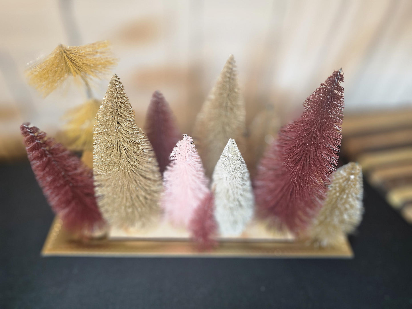DIY Bottle Brush Tree Centerpiece Kit in Gold, Pink & Burgundy Holiday Table