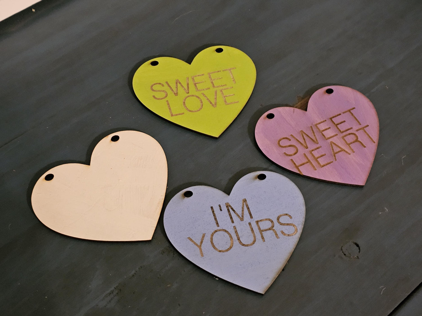 Conversation Hearts Garland, 6 foot Hearts Banner, 10 Customizable wooden Hanging Hearts, Pastel Colors, Valentine's Day Decor