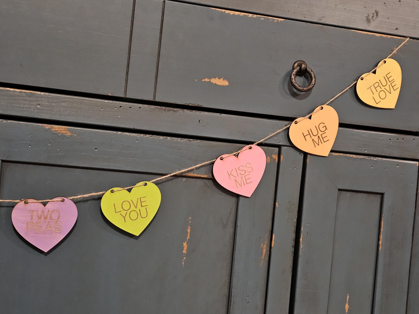 Conversation Hearts Garland, 6 foot Hearts Banner, 10 Customizable wooden Hanging Hearts, Pastel Colors, Valentine's Day Decor