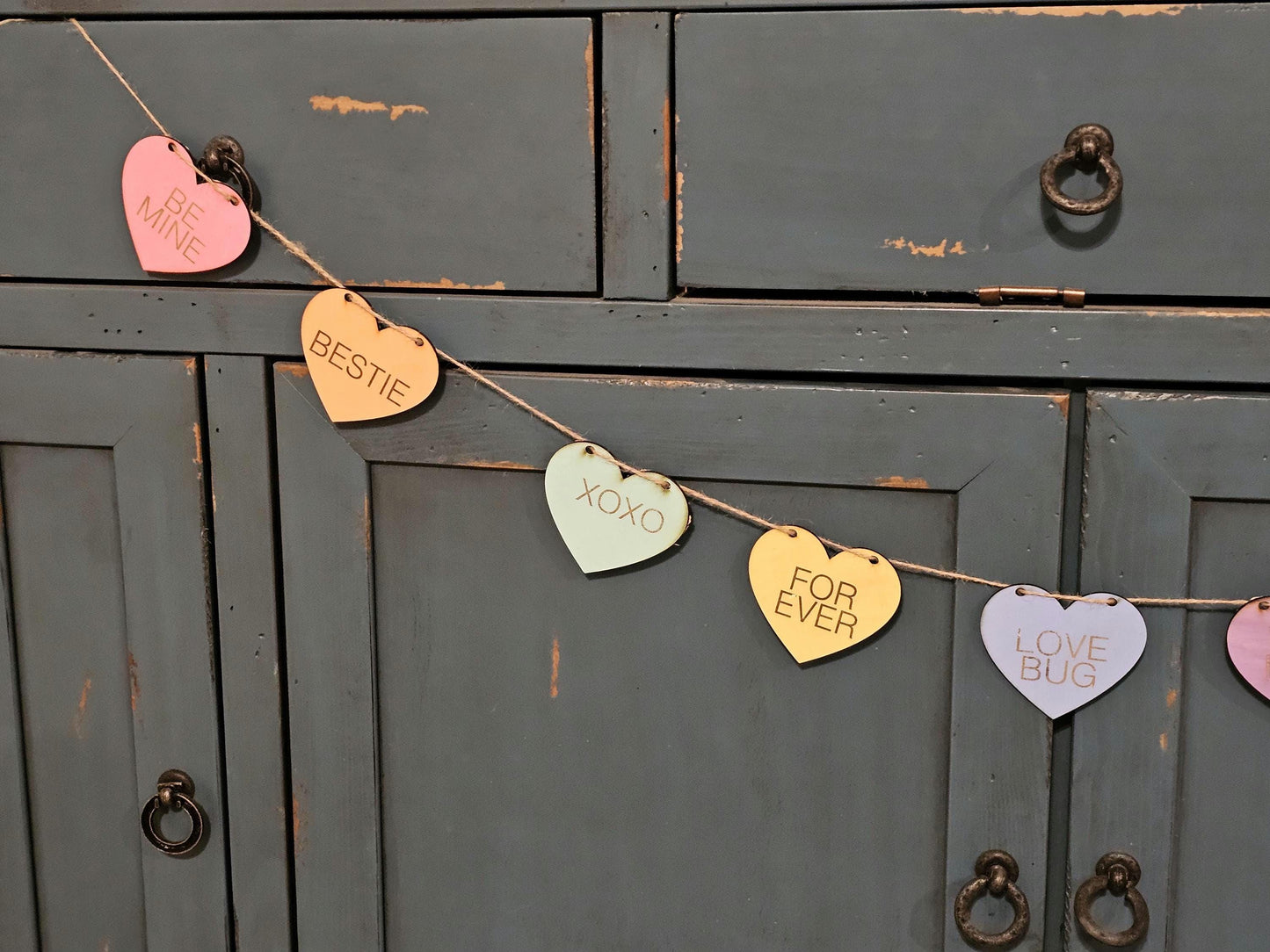 Conversation Hearts Garland, 6 foot Hearts Banner, 10 Customizable wooden Hanging Hearts, Pastel Colors, Valentine's Day Decor