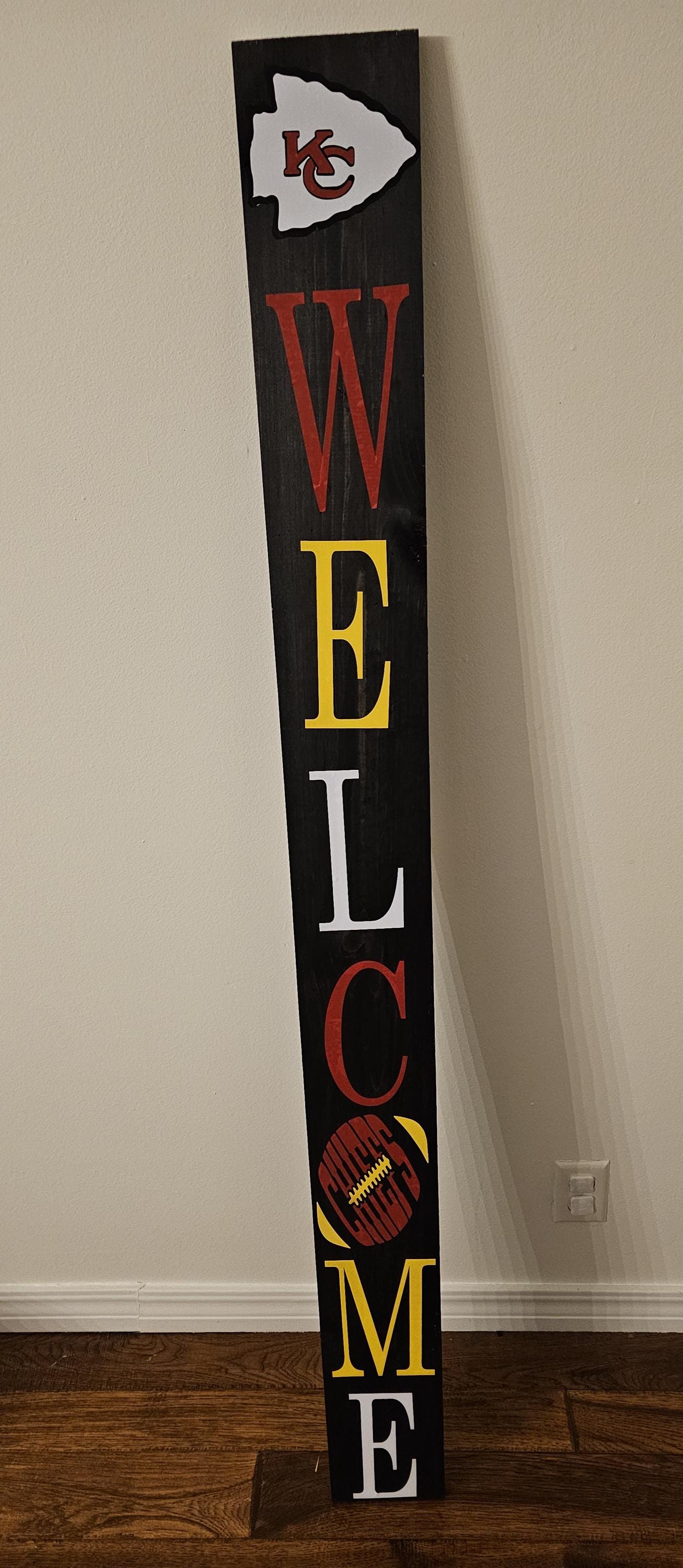 Two sided KC Chiefs and Kansas City Royals Porch Welcome Sign Leaner 6 Design Options for Chiefs and 3 for Royals