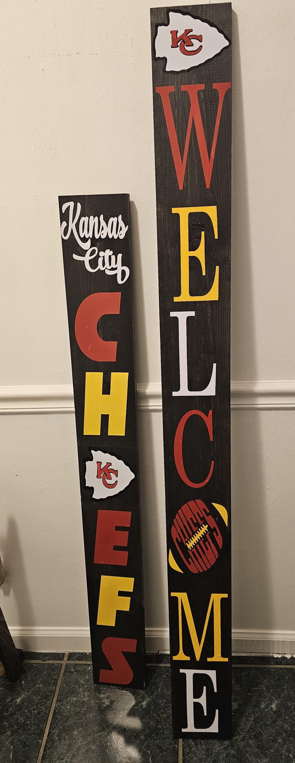 Two sided KC Chiefs and Kansas City Royals Porch Welcome Sign Leaner 6 Design Options for Chiefs and 3 for Royals