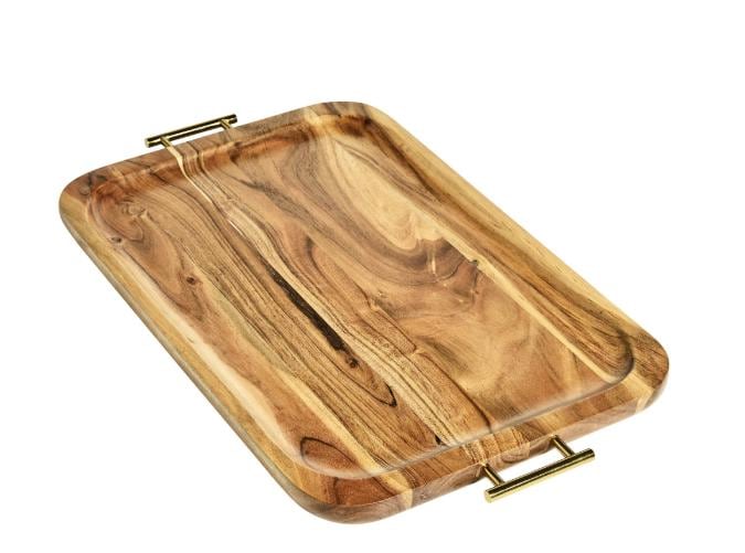 Personalized Acacia Wood Serving Tray with Gold Handles, Rectangular Customized Breakfast Tray, Elegant Tea & Snack Tray Gift