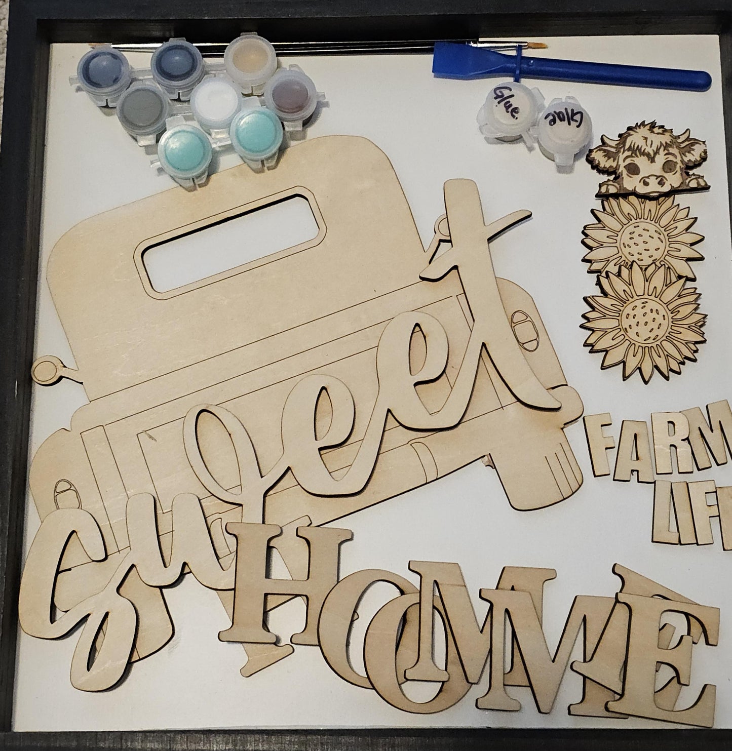 Farmhouse Door Hanger Craft Kit, DIY with a Farm Truck, Sunflowers and a Highland Cow DIY Welcome Sign Craft Kit with Wooden Cutouts