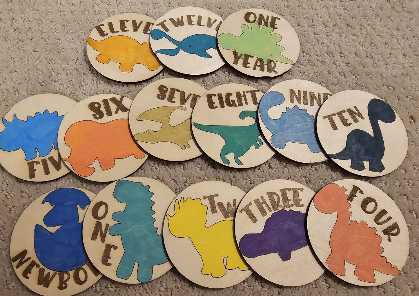 Dinosaur Theme Babies First Year Monthly Milestones, Engraved Wooden Dinosaur Themed Photo Prop Newborn to 1 Year
