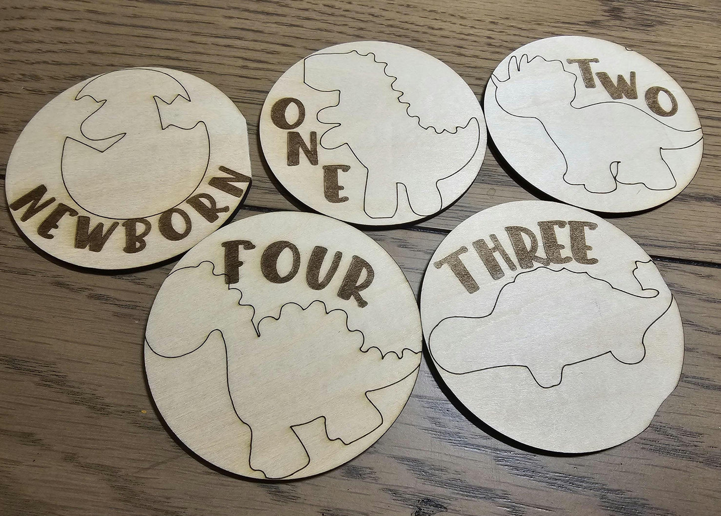 Dinosaur Theme Babies First Year Monthly Milestones, Engraved Wooden Dinosaur Themed Photo Prop Newborn to 1 Year