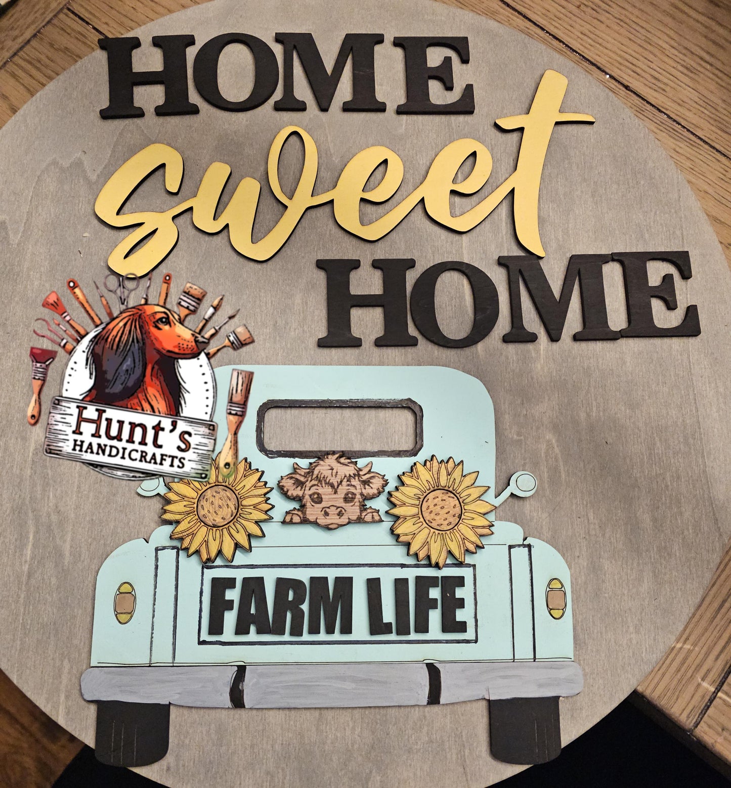 Farmhouse Door Hanger Craft Kit, DIY with a Farm Truck, Sunflowers and a Highland Cow DIY Welcome Sign Craft Kit with Wooden Cutouts