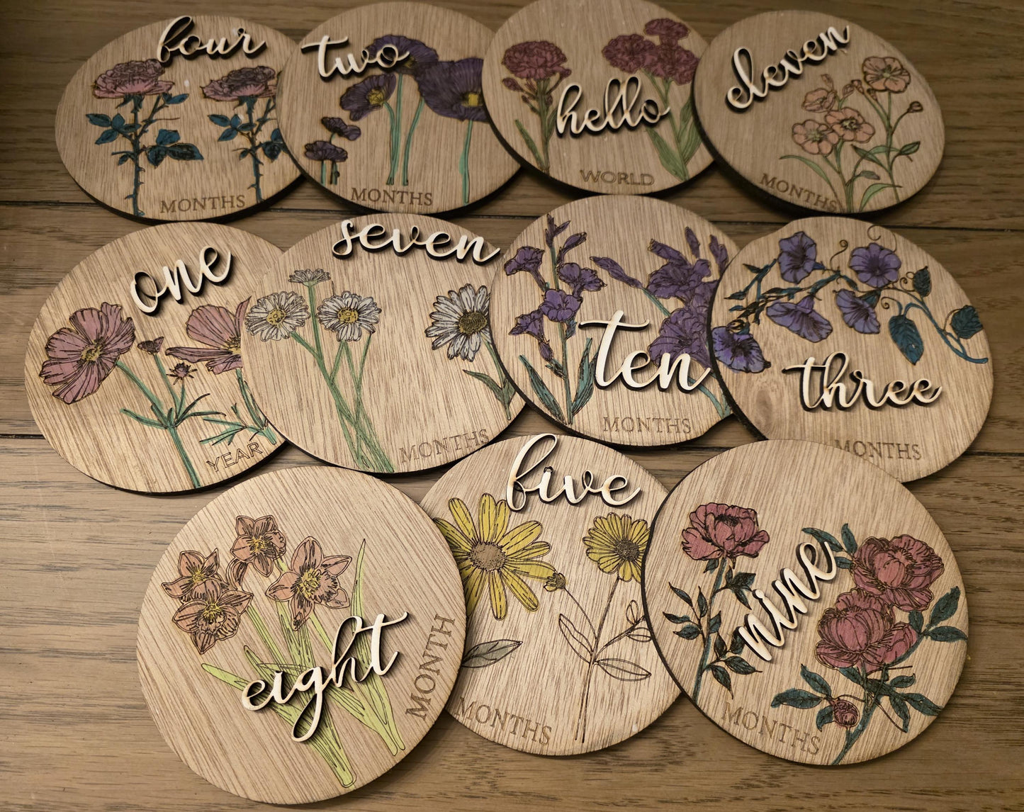Floral Monthly Milestones, 3D Wooden Circles Photo prop Newborn to 1 Year