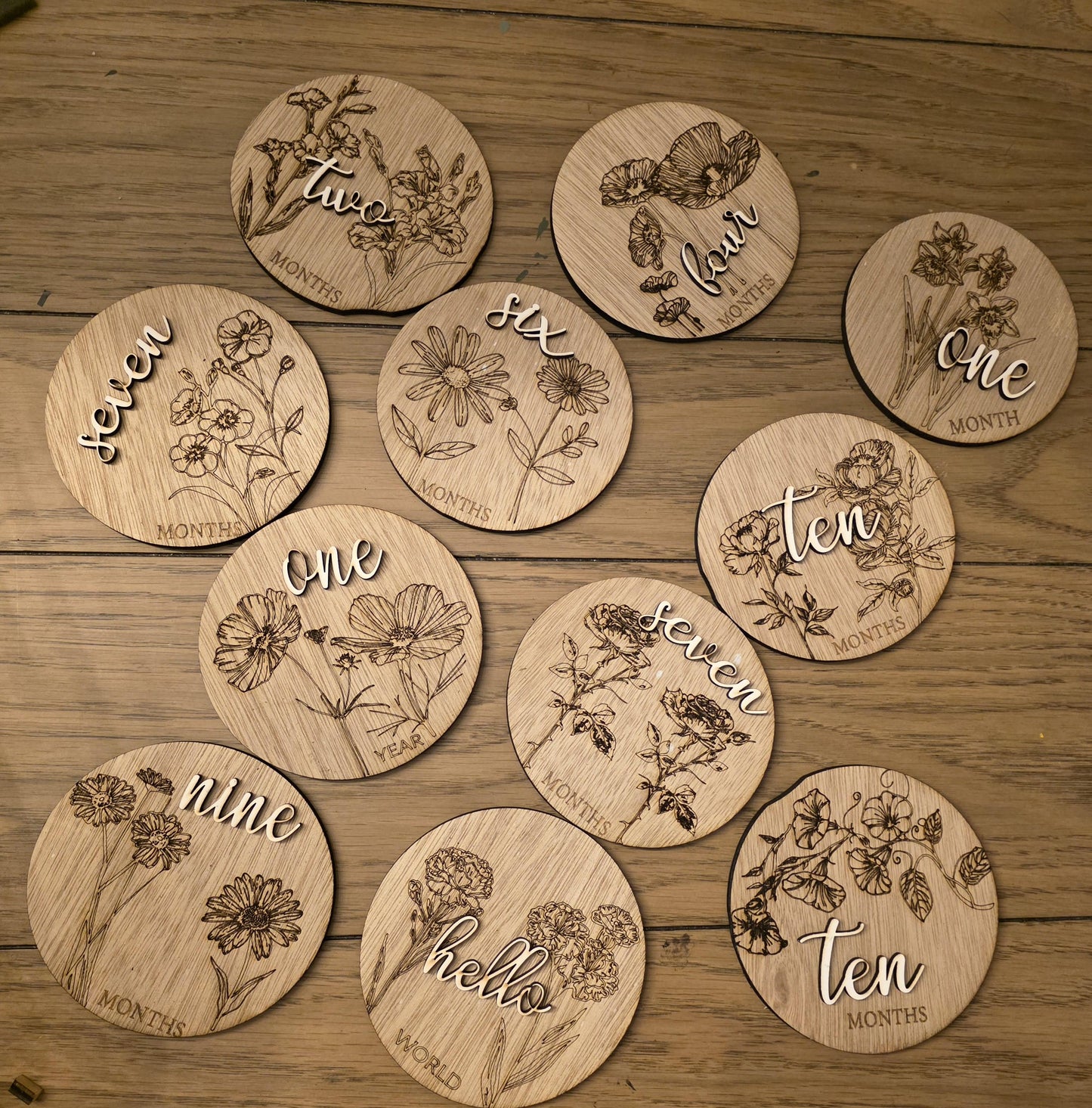Floral Monthly Milestones, 3D Wooden Circles Photo prop Newborn to 1 Year