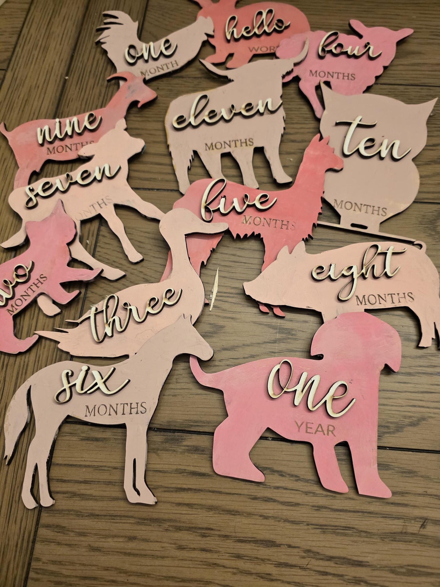 Farm Animal Shaped Monthly Milestones, 3D Wooden photo props Newborn to 1 Year - Pick any 3 colors