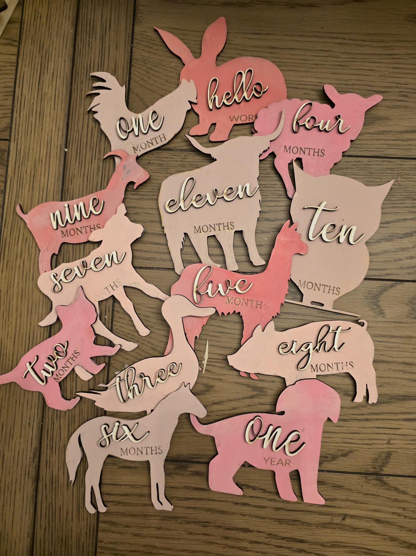 Farm Animal Shaped Monthly Milestones, 3D Wooden photo props Newborn to 1 Year - Pick any 3 colors