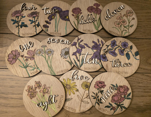 Floral Monthly Milestones, 3D Wooden Circles Photo prop Newborn to 1 Year