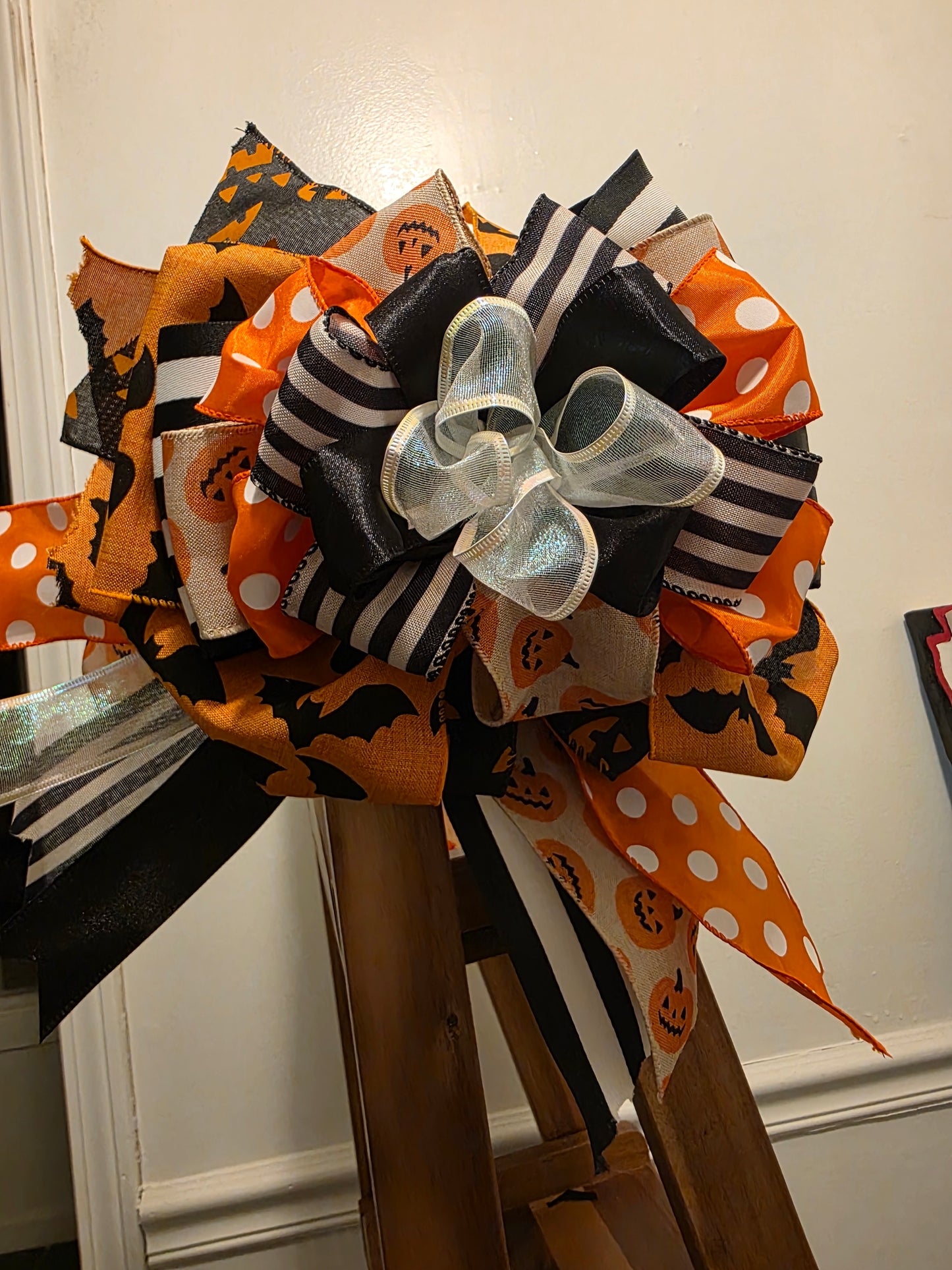 XL Halloween Bow – Door Wreath Bow - 12” Handmade - Pumpkins, Bats, Polka Dot & Stripe Ribbon – Stacked Halloween Decor