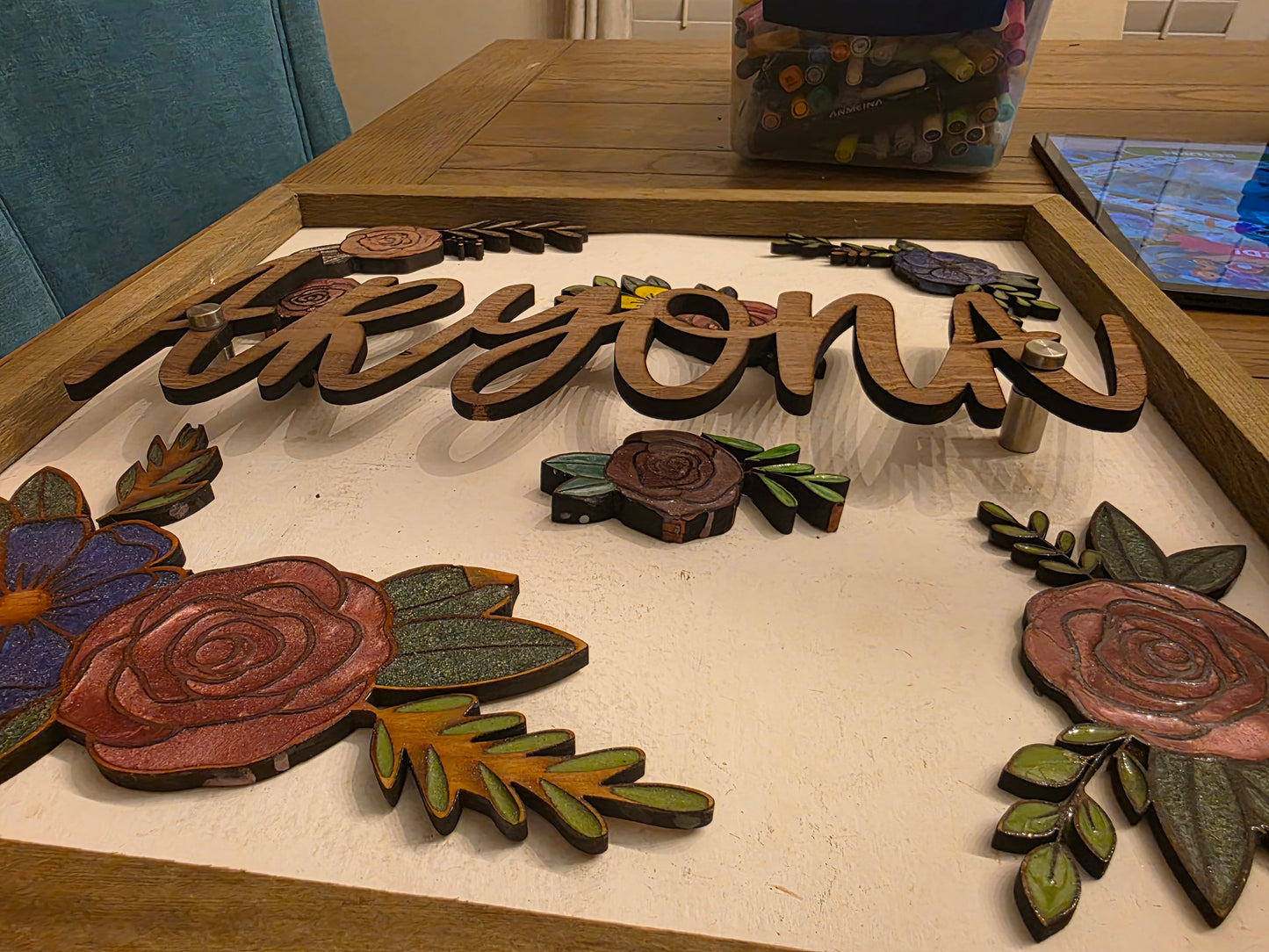 Walnut & Cedar engraved Border Flowers, UV Resin - Custom Engraved Accents