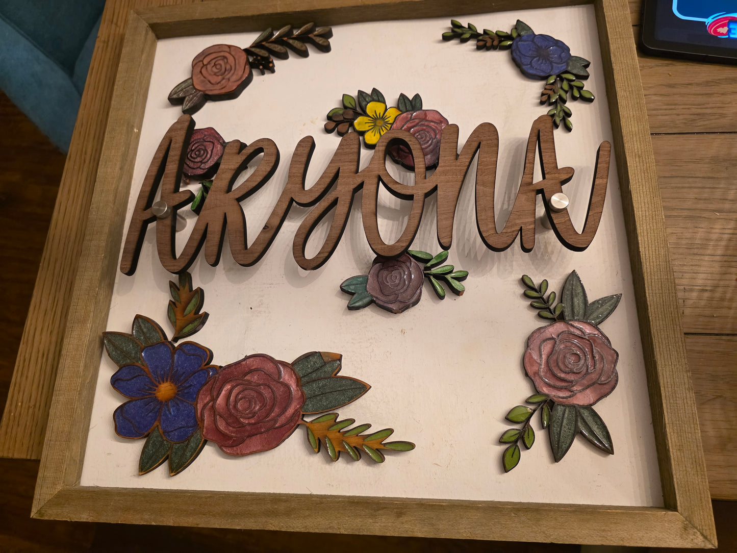 Walnut & Cedar engraved Border Flowers, UV Resin - Custom Engraved Accents