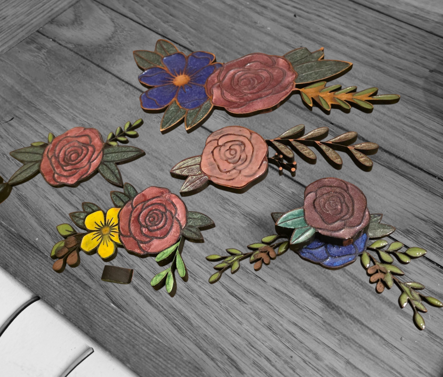 Walnut & Cedar engraved Border Flowers, UV Resin - Custom Engraved Accents