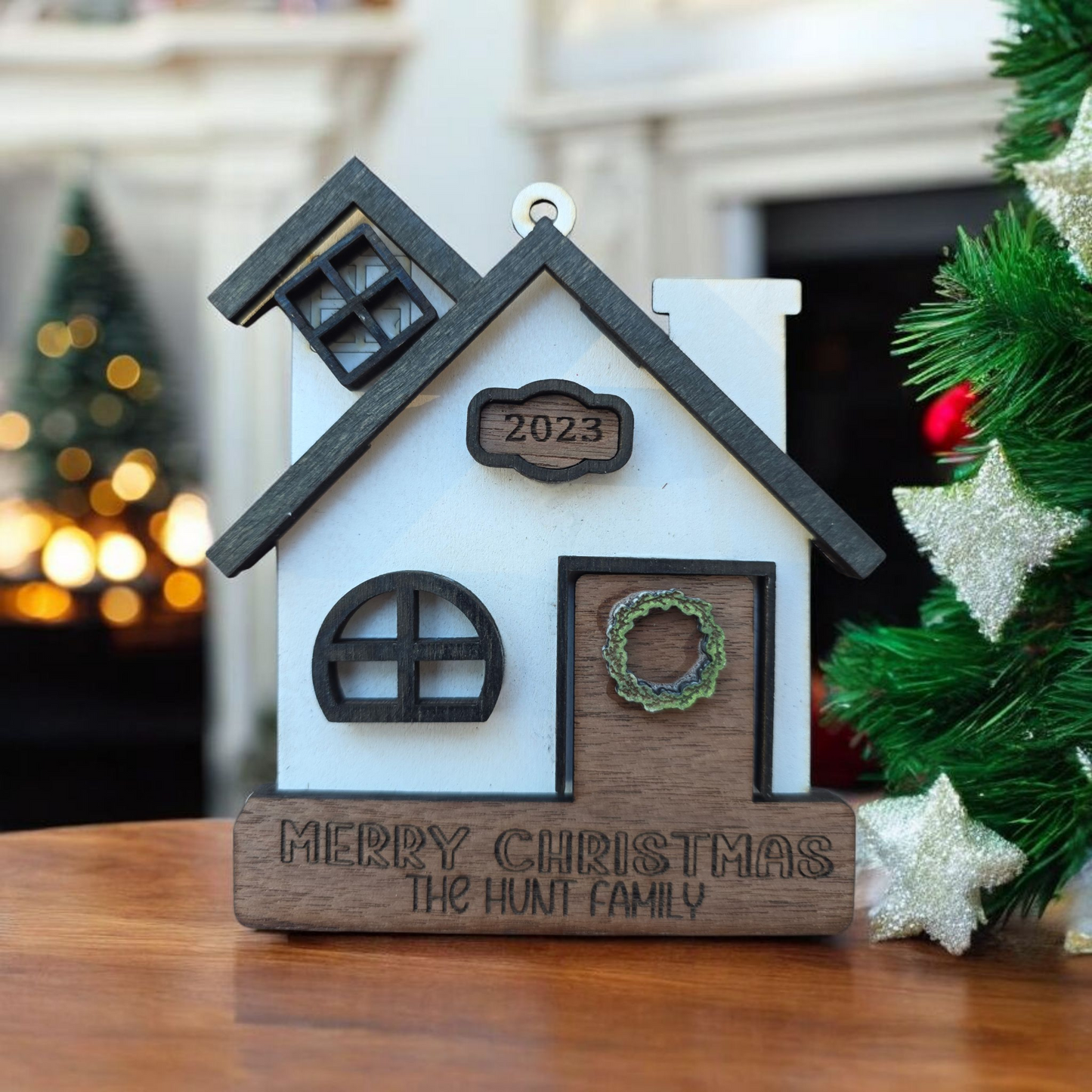 Personalized Wooden House Christmas Ornament – First Christmas in New Home Keepsake
