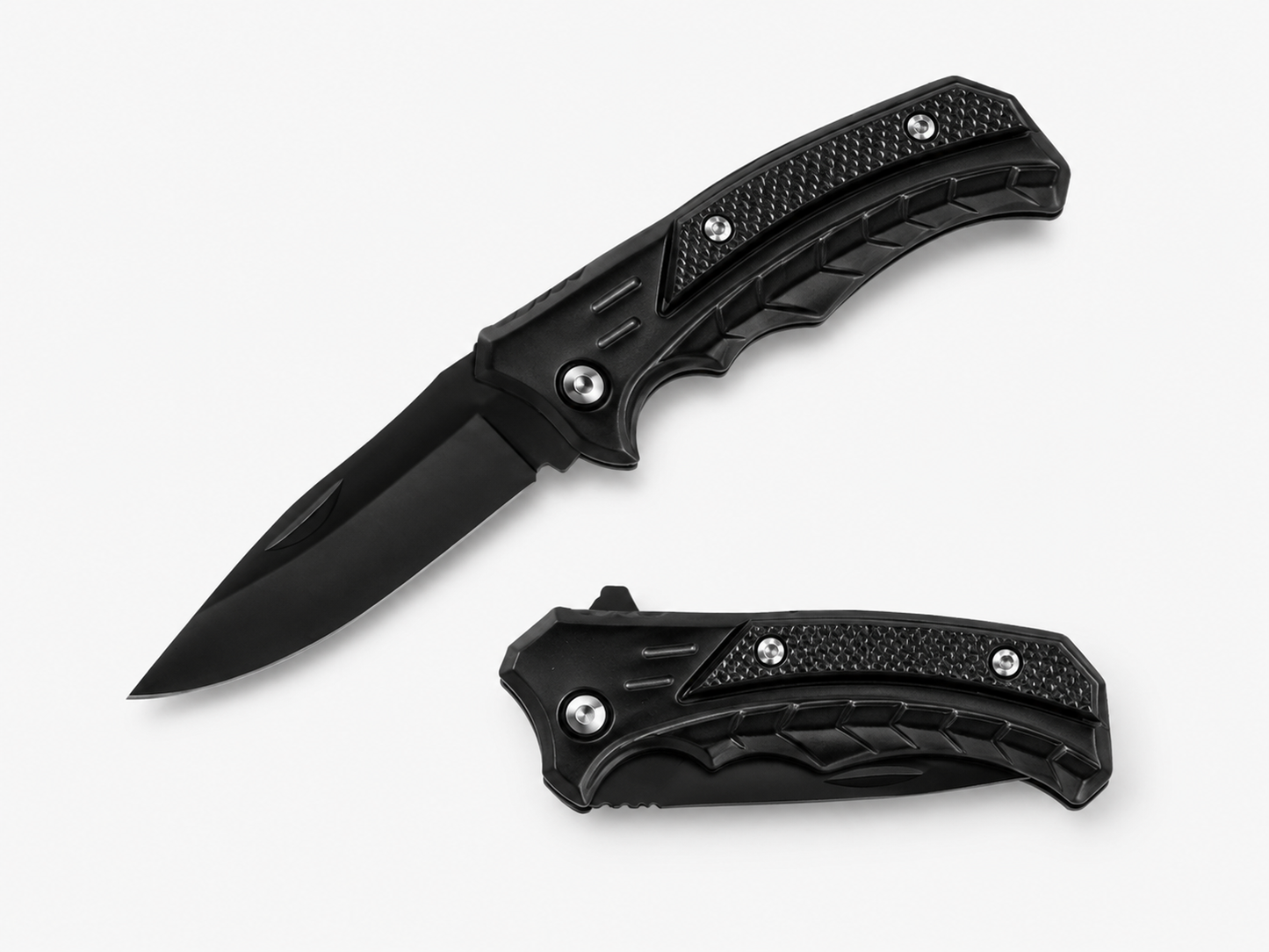 Tactical All-Black Engraved Pocket Knife - Custom "HUNT" Silver-Marked Stainless Steel Blade