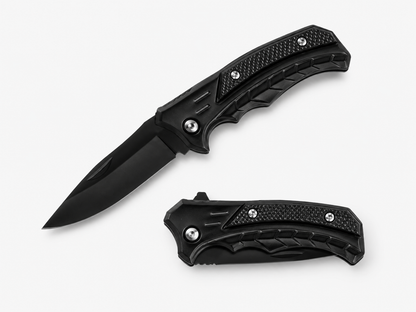 Tactical All-Black Engraved Pocket Knife - Custom "HUNT" Silver-Marked Stainless Steel Blade