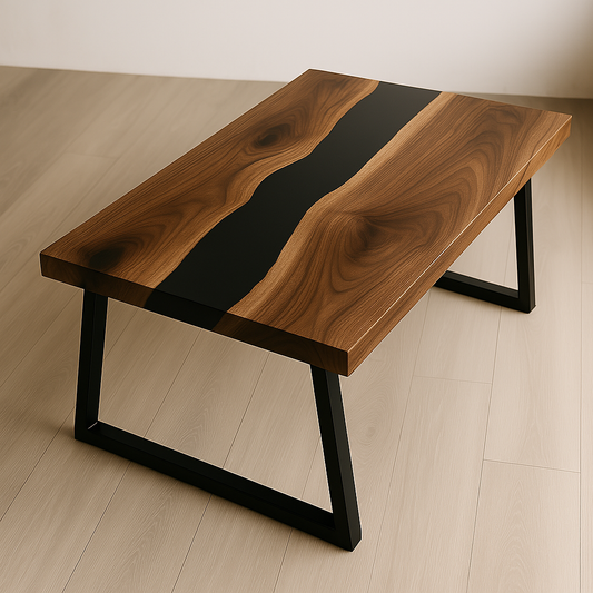 Custom Walnut Epoxy Coffee Table – Black Resin River Table with Metal Legs, Modern Industrial Design