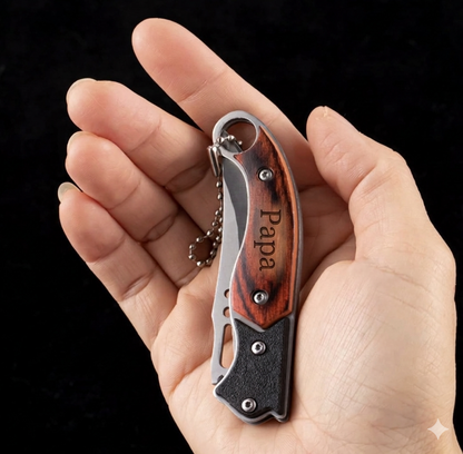 Personalized Mini Keychain Knife, Custom Engraved Small Pocket Knife for Papa, Handheld Wood Micro Folding Knife, Tiny Everyday Carry Gift