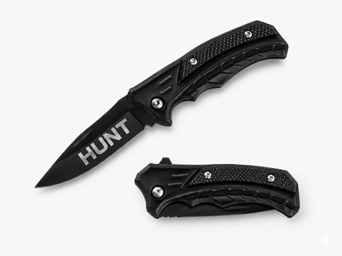Tactical All-Black Engraved Pocket Knife - Custom "HUNT" Silver-Marked Stainless Steel Blade