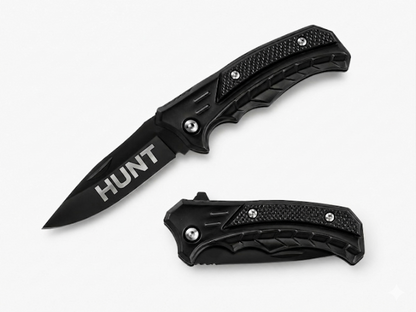 Tactical All-Black Engraved Pocket Knife - Custom "HUNT" Silver-Marked Stainless Steel Blade