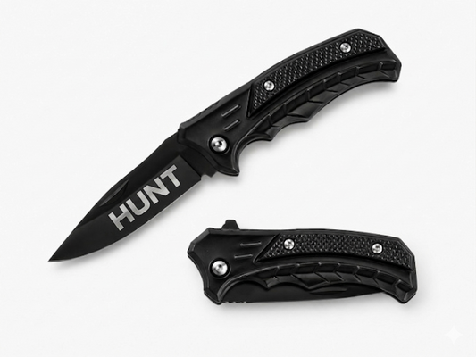 Tactical All-Black Engraved Pocket Knife - Custom "HUNT" Silver-Marked Stainless Steel Blade