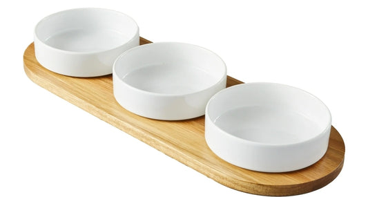 Acacia tray and Porcelain bowl set serveware for condiments or dips
