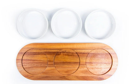 Acacia tray and Porcelain bowl set serveware for condiments or dips