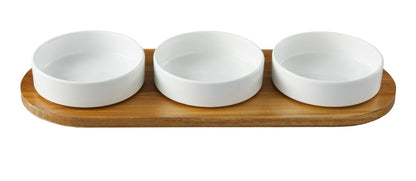Acacia tray and Porcelain bowl set serveware for condiments or dips