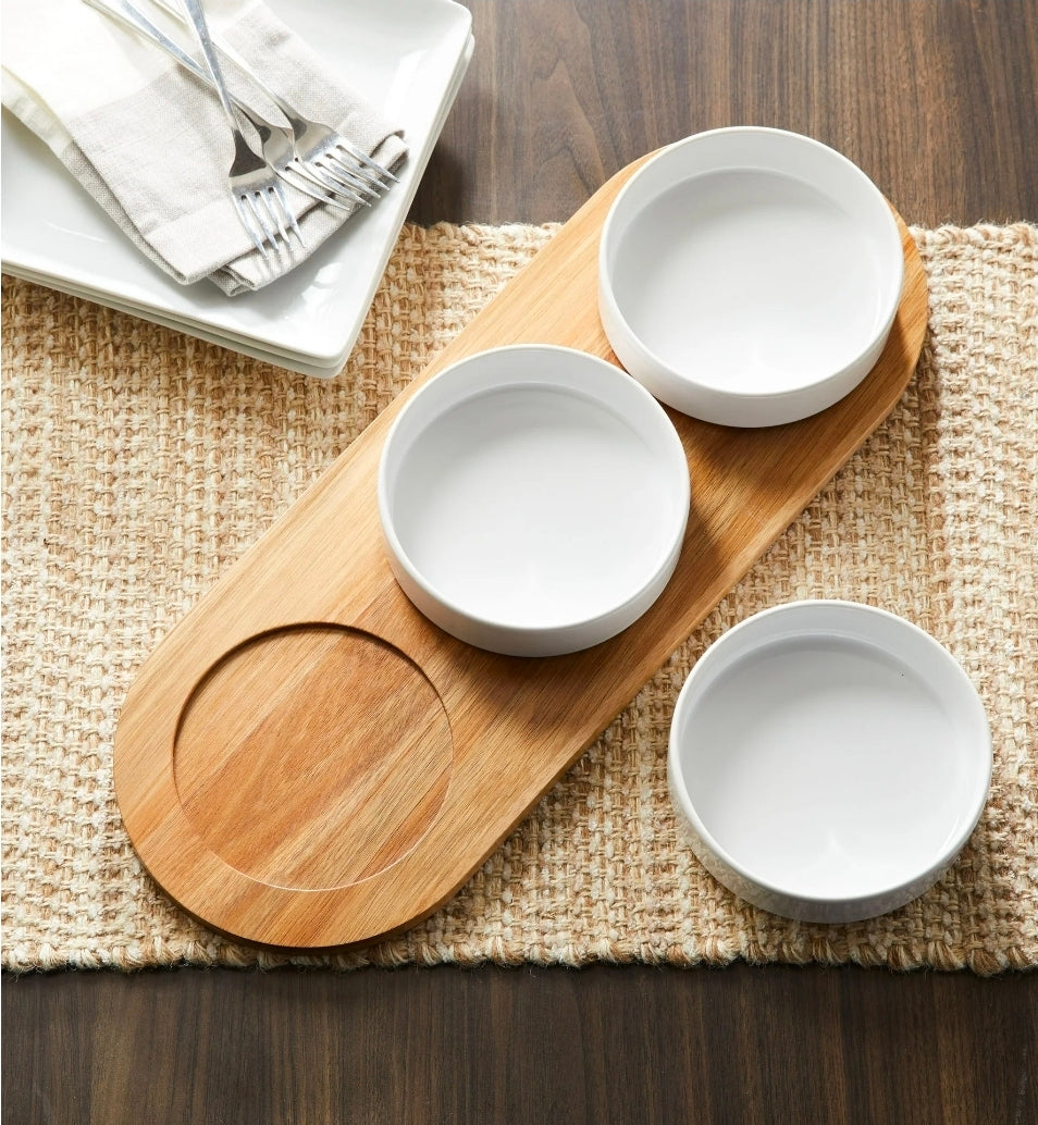 Acacia tray and Porcelain bowl set serveware for condiments or dips