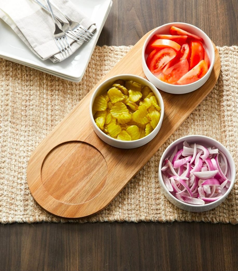 Acacia tray and Porcelain bowl set serveware for condiments or dips