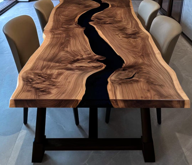 Custom Walnut Epoxy Desk - Modern Executive Desk with Black Resin River &