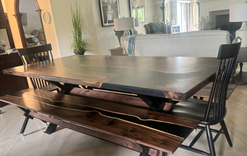 Custom Walnut Epoxy Coffee Table - Black Resin River Table with Metal Legs,