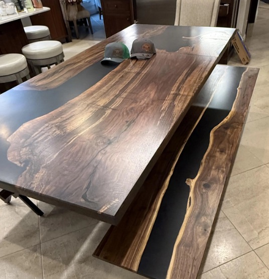 Custom Walnut Epoxy Coffee Table - Black Resin River Table with Metal Legs,