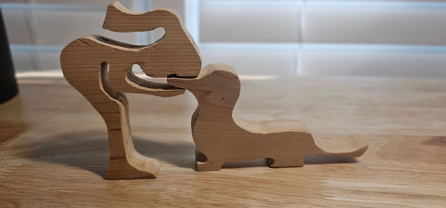 Personalized Hand Carved Wood Dachshund and girl Figurine in Walnut, Pine or