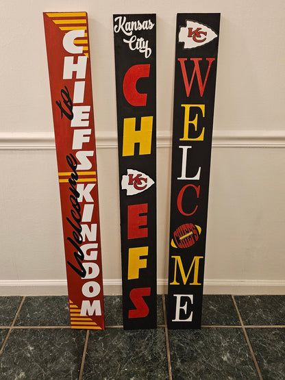 Two sided KC Chiefs and Kansas City Royals Porch Welcome Sign Leaner 6 Design Options for Chiefs and 3 for Royals